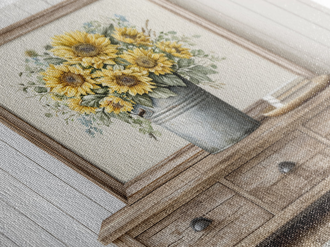 Sunflowers in a Metal Bucket Framed Canvas Print, Rustic Art, Gallery Decor, Farmhouse Decor, Fine Art, Rustic, RUS-3x2-64