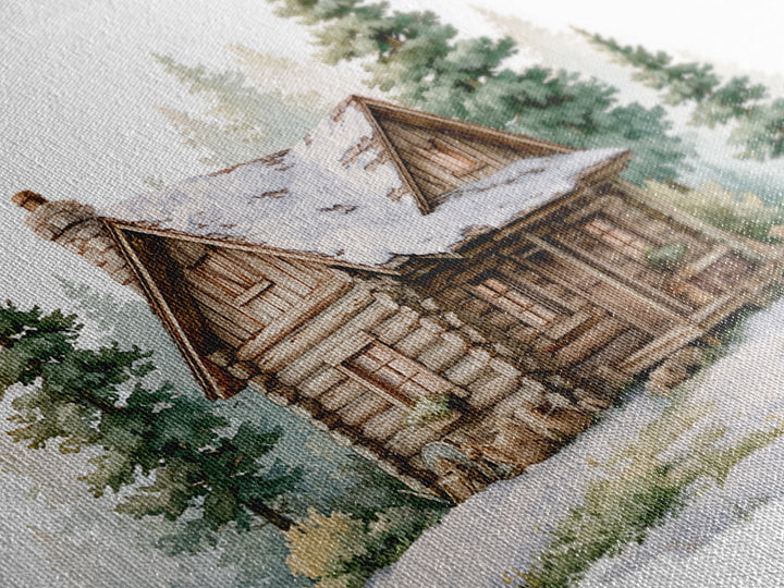 Log Cabin with Snowy Pines Canvas Print, Rustic Art, Textured Painting, Farmhouse Decor, Watercolor Art, Rustic, Digital Print, RUS-3x2-67