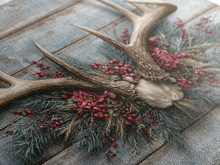 Deer Antlers with Pine Branches and Berries Framed Canvas Print, Rustic Art, Eclectic Wall Art, Farmhouse Decor, Watercolor Art, RUS-3x2-78