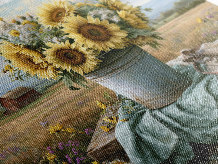 Sunflowers in a Metal Bucket Canvas Print, Rustic Art, Boho Decor, Farmhouse Decor, Oil Painting, Rustic, Digital Art, RUS-3x2-88