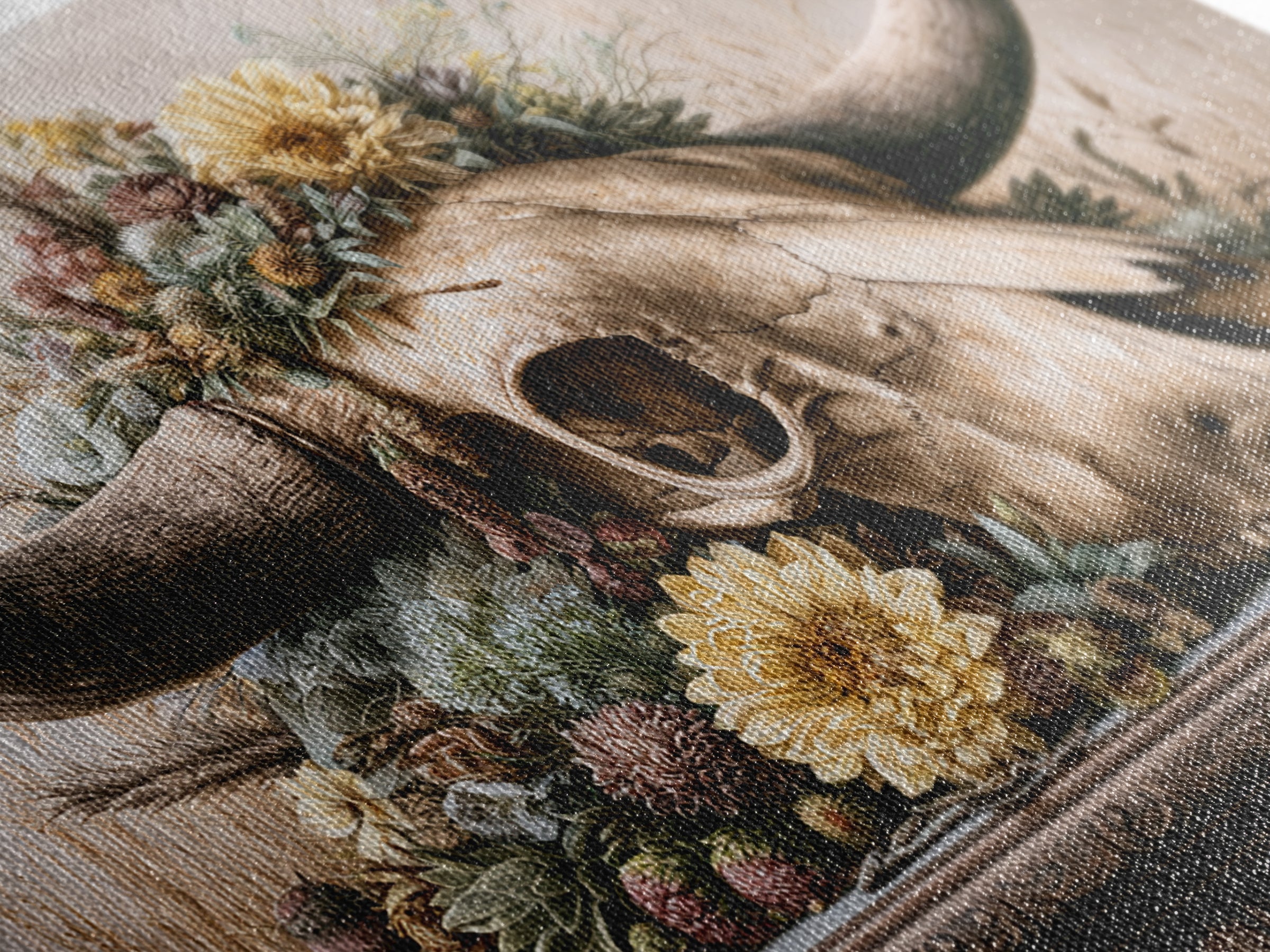 Cow Skull with Desert Flowers Canvas Print, Rustic Art, Living Room Art, Farmhouse Decor, Oil Painting, Rustic, RUS-3x2-93