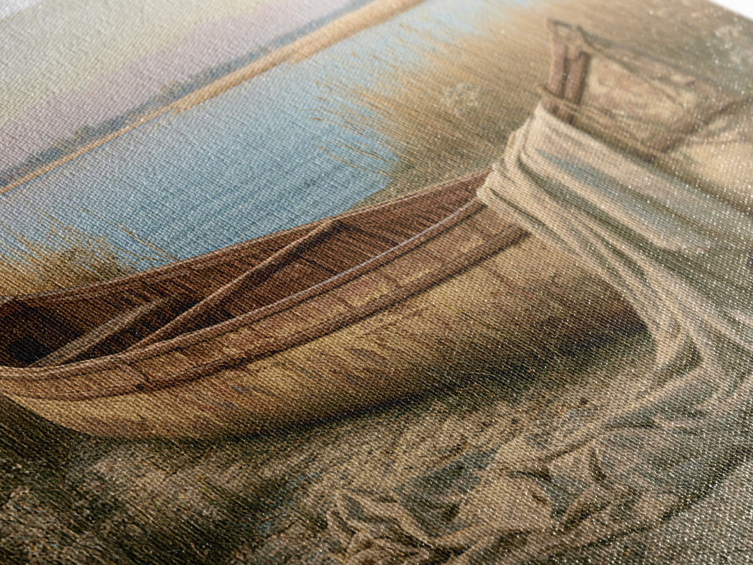 Old Canoe Pulled Onto a Lake Shore Framed Canvas Print, Rustic Art, Luxury Decor, Farmhouse Decor, Fine Art, Rustic, RUS-3x2-96