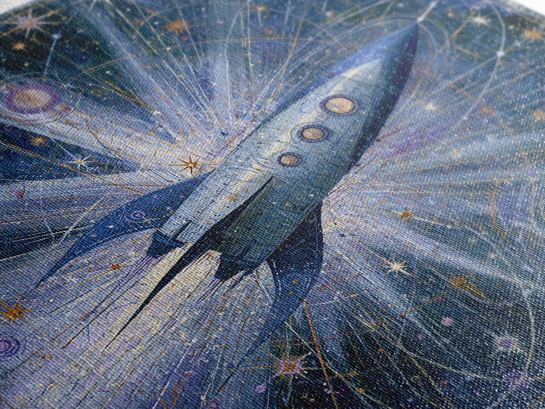 Rocket Ship Crossing a Retro Star Field Framed Canvas Print, Space Art, Fine Art Print, Spa Decor, Watercolor Art, Serenity, SAR-1x1-34