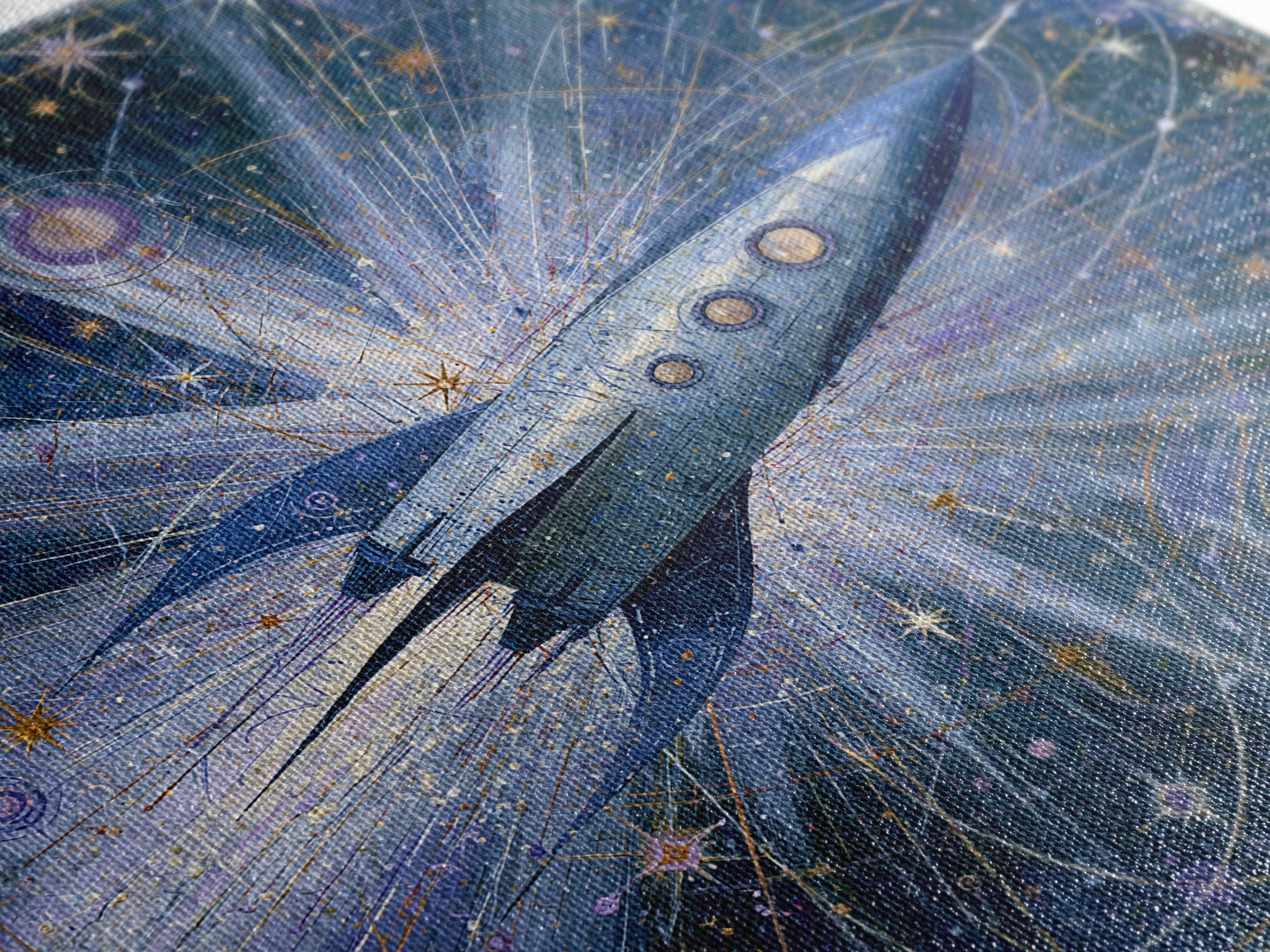 Rocket Ship Crossing a Retro Star Field Framed Canvas Print, Space Art, Fine Art Print, Spa Decor, Watercolor Art, Serenity, SAR-1x1-34