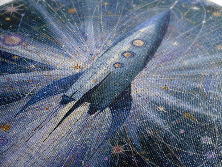 Rocket Ship Crossing a Retro Star Field Framed Canvas Print, Space Art, Fine Art Print, Spa Decor, Watercolor Art, Serenity, SAR-1x1-34
