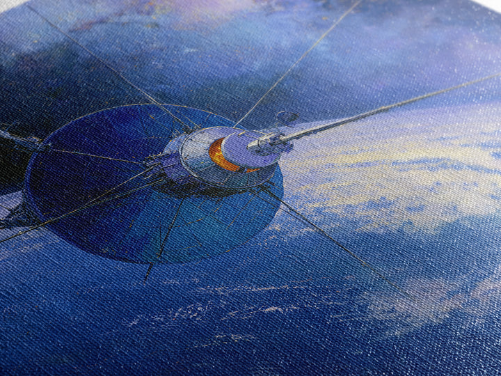 Satellite Orbiting Above Blue Planet Framed Canvas Print, Space Art, Retro Wall Art, Spa Decor, Abstract Art, Serenity, SAR-1x1-84