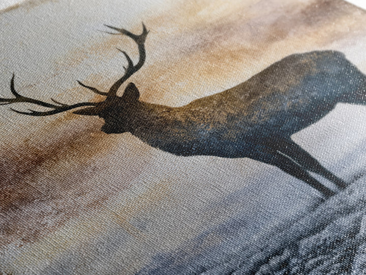 Reindeer Silhouette in Snowy Landscape Framed Canvas Print, Scandinavian Art, Abstract Painting, Living Room Decor, Nordic, SCA-1x1-6