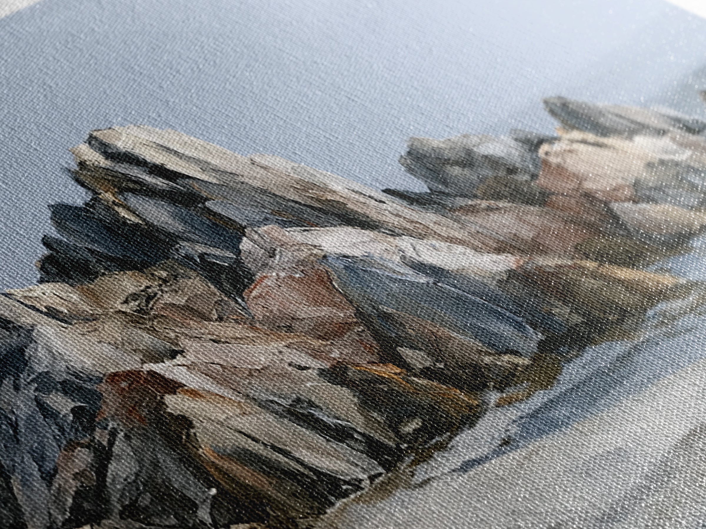 Quiet Coastal Rocks and Gray Sea Framed Canvas Print, Scandinavian Art, Fine Art Print, Living Room Decor, Fine Art, Nordic, SCA-3x1-15