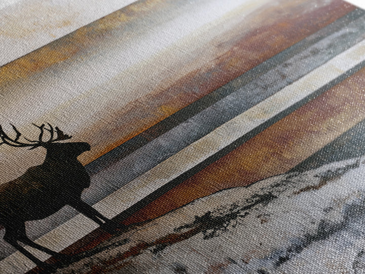 Reindeer Silhouette in Snowy Landscape Framed Canvas Print, Scandinavian Art, Boho Wall Decor, Living Room Decor, Oil Painting, SCA-3x2-10