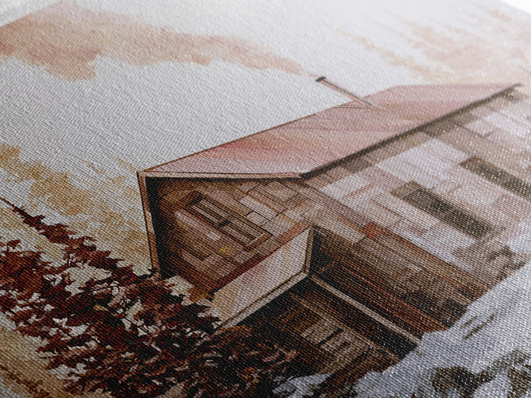 Winter Cabin Smoke Canvas Print, Scandinavian Art, Boho Wall Art, Living Room Decor, Oil Painting, Nordic, Modern Decor, SCA-3x2-22