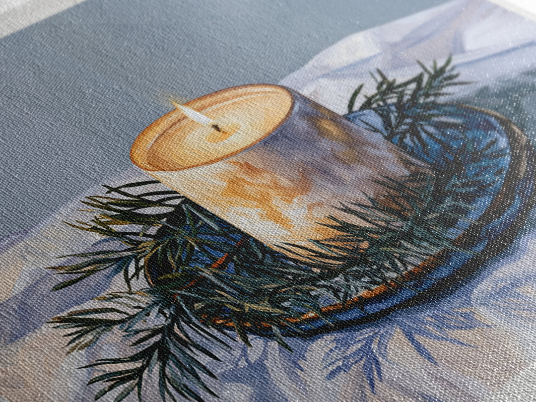 Hygge Candle and Pine Branch Still Life Framed Canvas Print, Scandinavian Art, Gallery Decor, Living Room Decor, Nordic, SCA-3x2-8