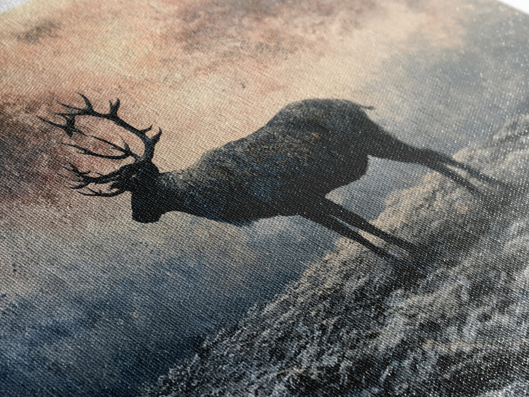 Reindeer Silhouette in Snowy Landscape Framed Canvas Print, Scandinavian Art, Statement Artwork, Living Room Decor, Nordic, SCA-3x2-82