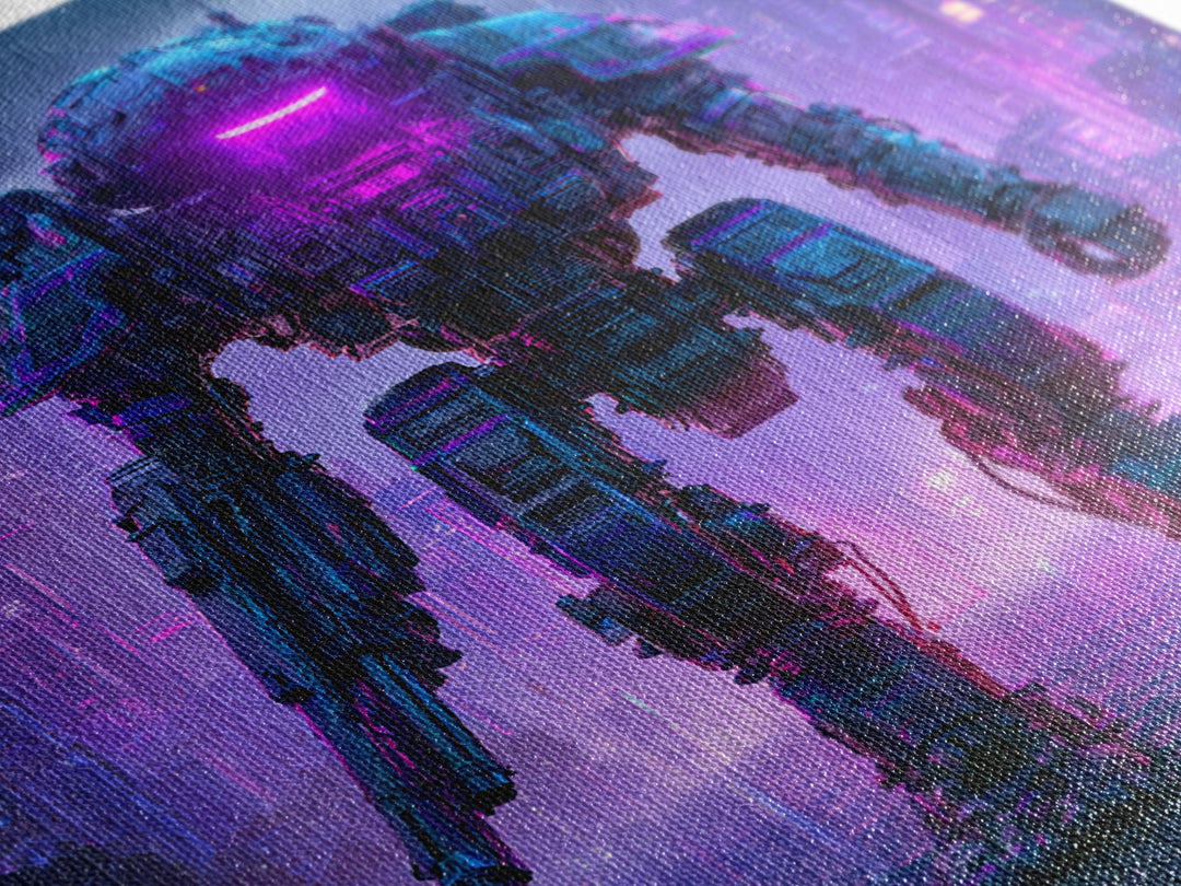Mech Silhouette in Rainy Neon City Canvas Print, Scifi Art, Retro Wall Art, Living Room Decor, Oil Painting, Orbit, Fantasy Art, SCI-1x1-15