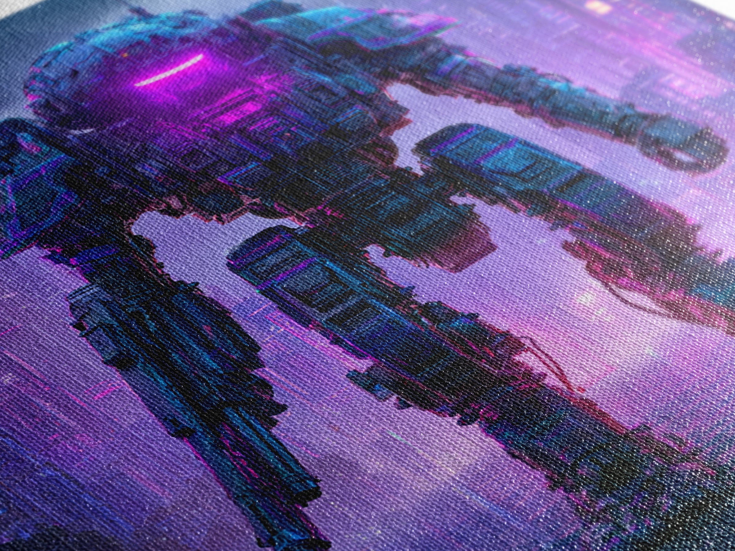 Mech Silhouette in Rainy Neon City Canvas Print, Scifi Art, Retro Wall Art, Living Room Decor, Oil Painting, Orbit, Fantasy Art, SCI-1x1-15