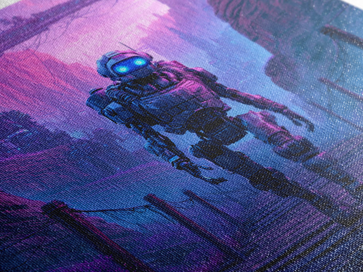 Robot Companion Crossing a Red Canyon Framed Canvas Print, Scifi Art, Decor, Living Room Decor, Orbit, Mid Century Art, SCI-1x1-28