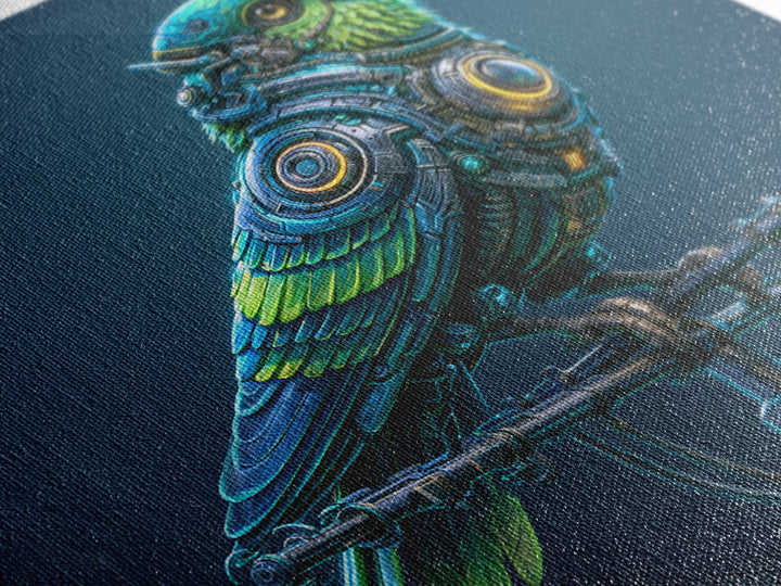 Robot Bird Perched on Antenna Framed Canvas Print, Scifi Art, Modern Art, Living Room Decor, Orbit, Retro Futurism Art, SCI-1x1-47