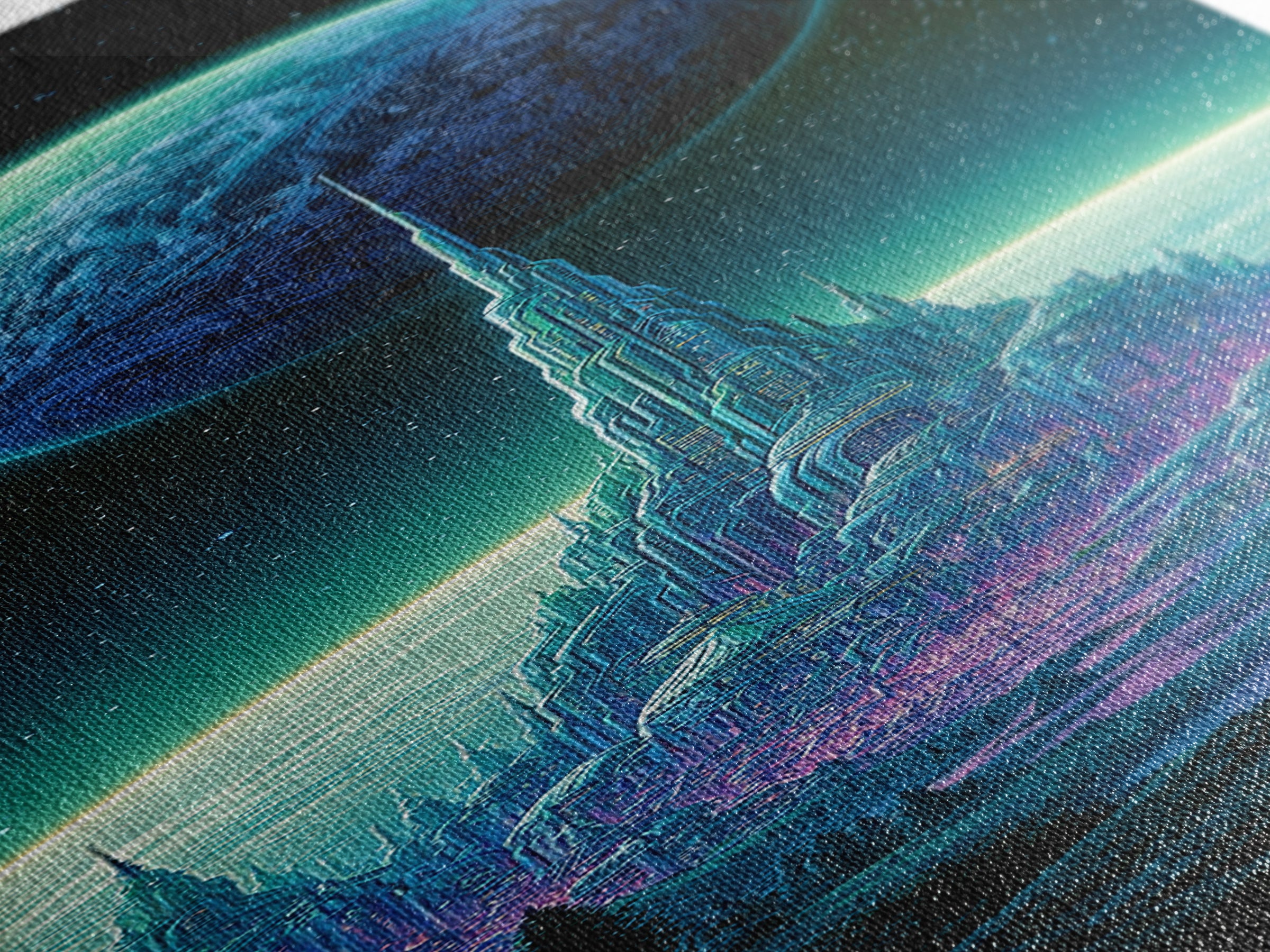 Moon Colony Beneath Earth Rise Framed Canvas Print, Scifi Art, Retro Futurism Art, Living Room Decor, Oil Painting, Orbit, SCI-1x3-54