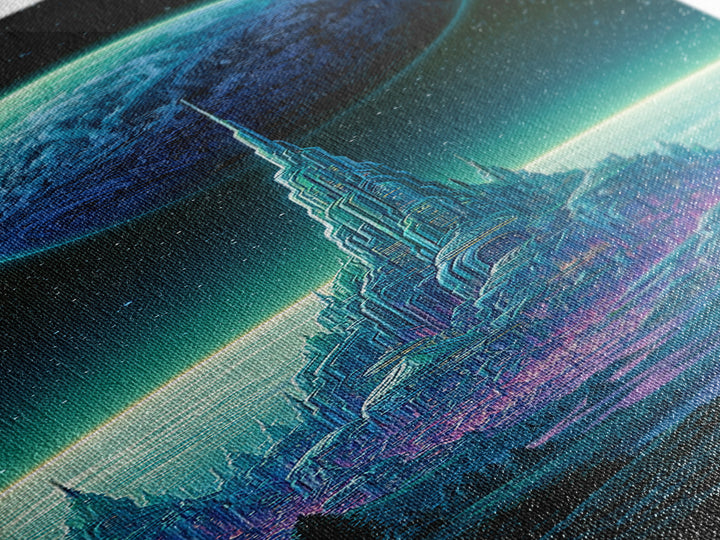 Moon Colony Beneath Earth Rise Framed Canvas Print, Scifi Art, Retro Futurism Art, Living Room Decor, Oil Painting, Orbit, SCI-1x3-54