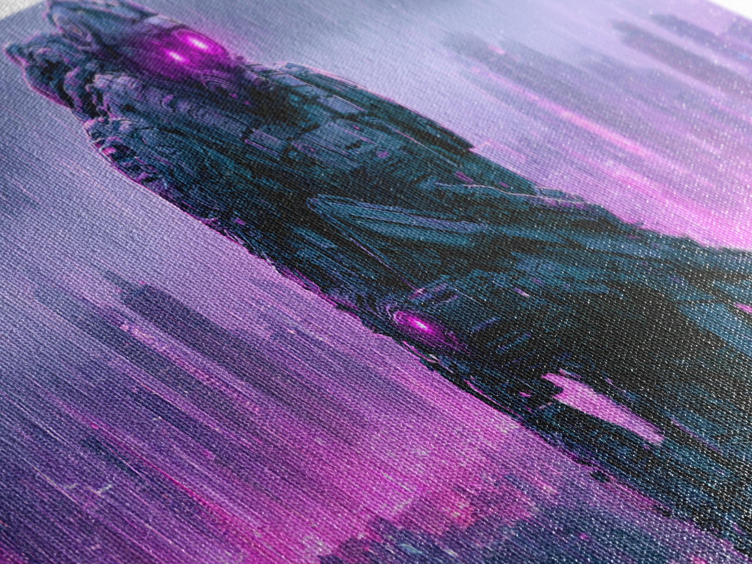 Mech Silhouette in Rainy Neon City Canvas Print, Scifi Art, Textured Painting, Living Room Decor, Abstract Art, Orbit, SCI-3x1-31