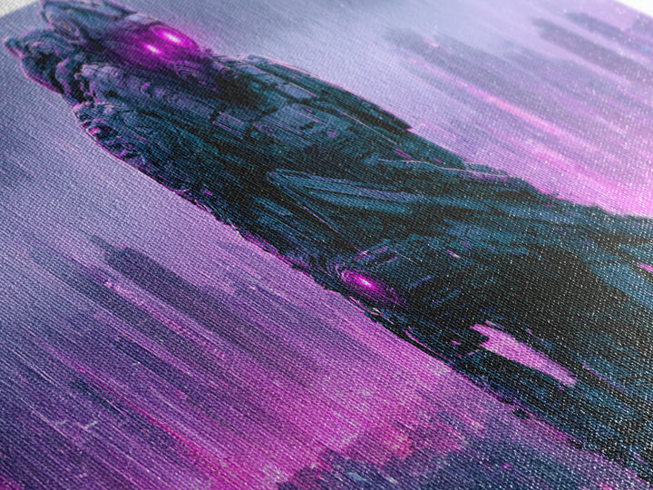 Mech Silhouette in Rainy Neon City Canvas Print, Scifi Art, Textured Painting, Living Room Decor, Abstract Art, Orbit, SCI-3x1-31