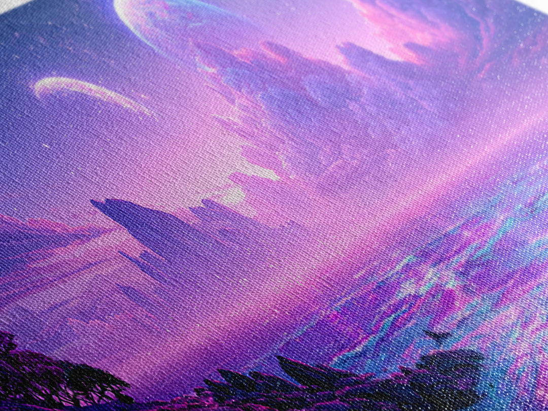 Alien Ocean with Two Moons Framed Canvas Print, Scifi Art, Fantasy Art, Living Room Decor, Oil Painting, Orbit, SCI-3x1-77