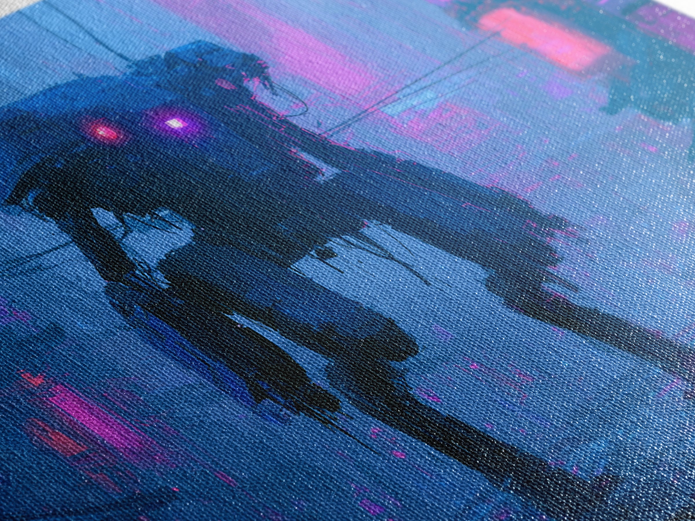 Mech Silhouette in Rainy Neon City Canvas Print, Scifi Art, Textured Painting, Living Room Decor, Abstract Art, Orbit, SCI-3x2-43
