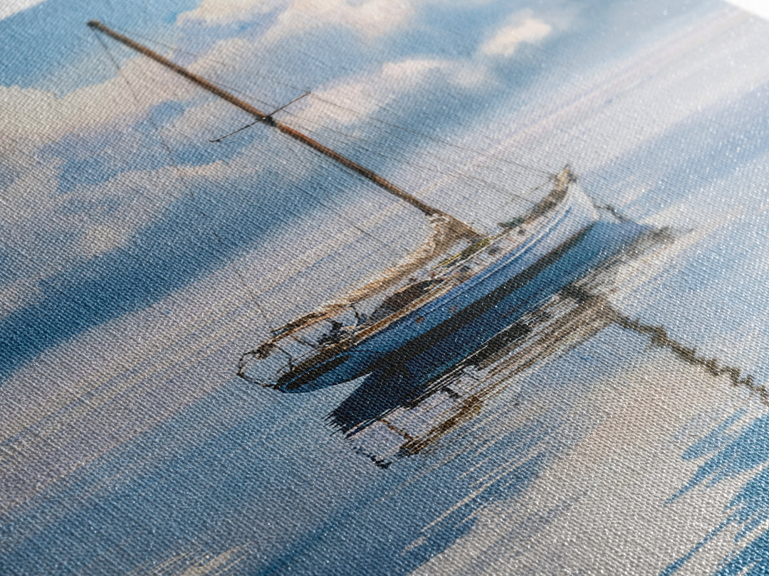 Quiet Sailboat on Glassy Water Framed Canvas Print, Seascape Art, Room Decor, Coastal Decor, Seascape, Digital Wall Art, SEA-2x3-64