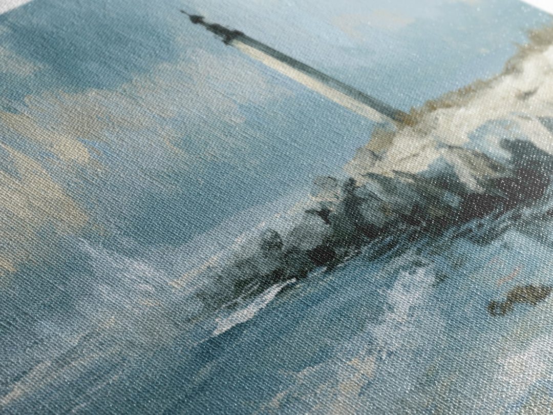 Dramatic Lighthouse in Distant Spray Canvas Print, Seascape Art, Digital Print, Coastal Decor, Seascape, Watercolor Art, SEA-3x1-46