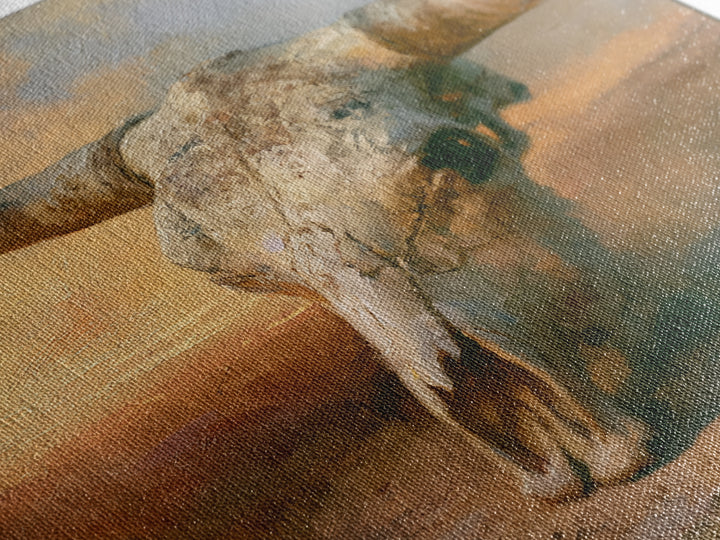 Sun Bleached Longhorn Skull Still Life Framed Canvas Print, Southwestern Art, Southwestern Decor, Abstract Art, Mesa, SOU-1x1-33