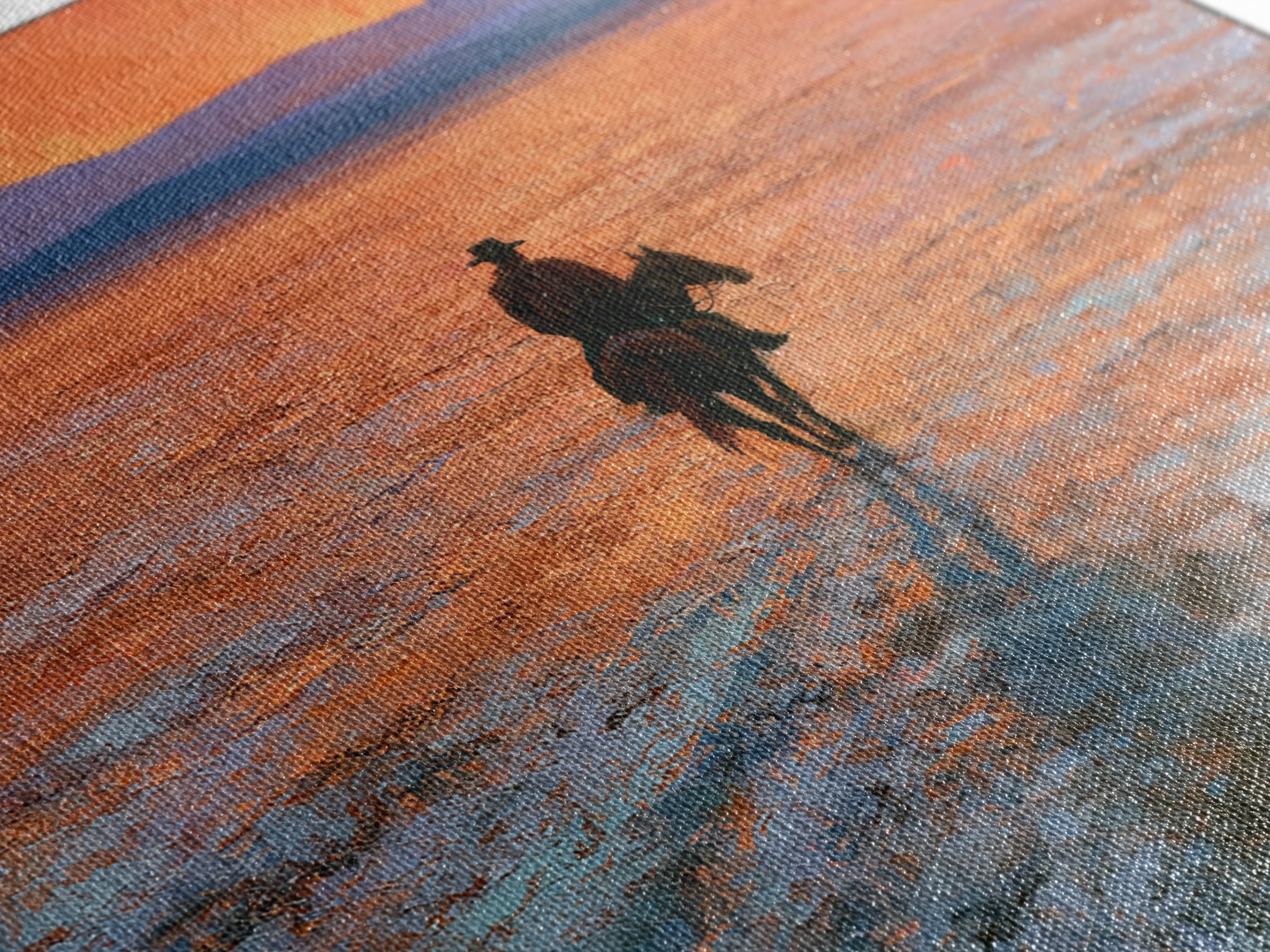 Horse Rider Crossing Desert at Dusk Framed Canvas Print, Southwestern Art, Farmhouse Wall Art, Southwestern Decor, Mesa, SOU-1x1-43