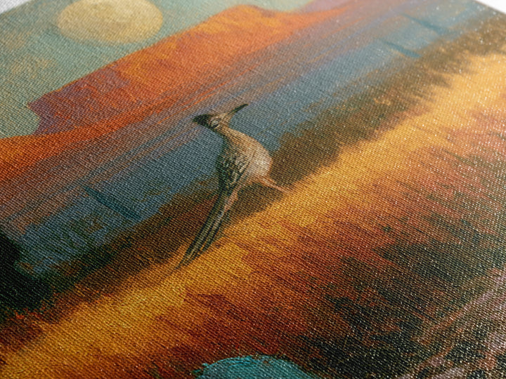 Roadrunner under a Pale Desert Moon Framed Canvas Print, Southwestern Art, Digital Wall Art, Southwestern Decor, Oil Painting, SOU-1x1-8