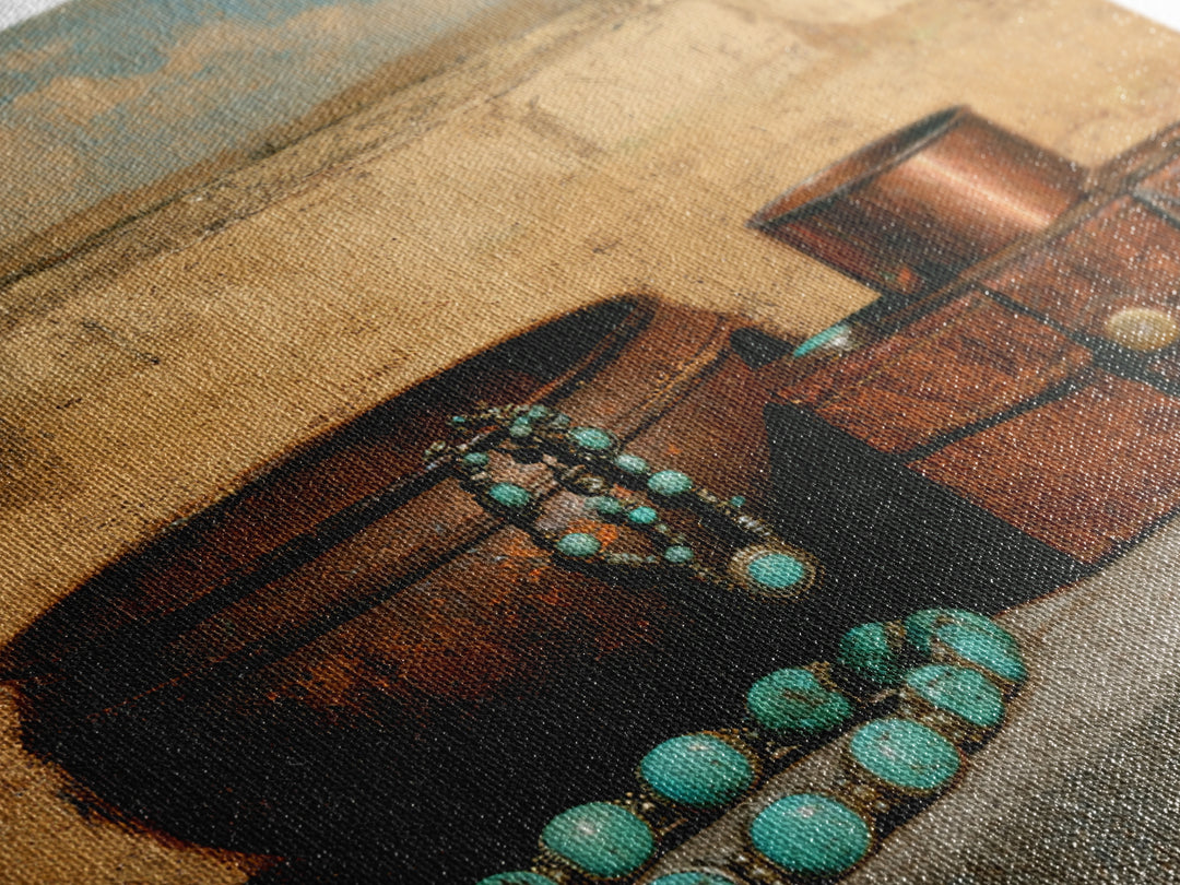 Turquoise Jewelry and Leather Still Life Framed Canvas Print, Southwestern Art, Luxury Decor, Southwestern Decor, Mesa, SOU-1x1-83