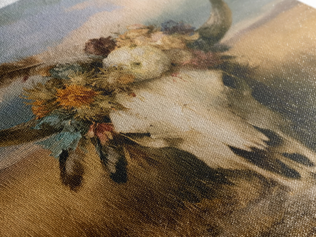 Cow Skull with Desert Flowers and Feathers Canvas Print, Southwestern Art, Wall Decor, Southwestern Decor, Oil Painting, Mesa, SOU-1x1-99