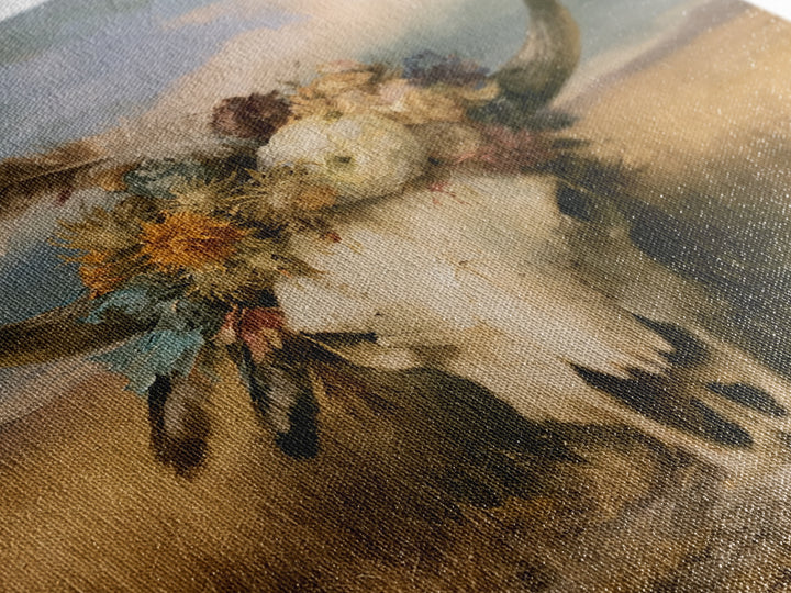 Cow Skull with Desert Flowers and Feathers Canvas Print, Southwestern Art, Wall Decor, Southwestern Decor, Oil Painting, Mesa, SOU-1x1-99