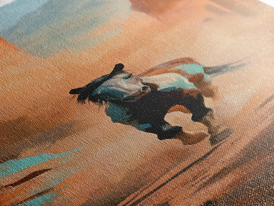 Wild Mustang Running Through Dusty Canyon Canvas Print, Southwestern Art, Neutral Decor, Southwestern Decor, Oil Painting, Mesa, SOU-1x3-18