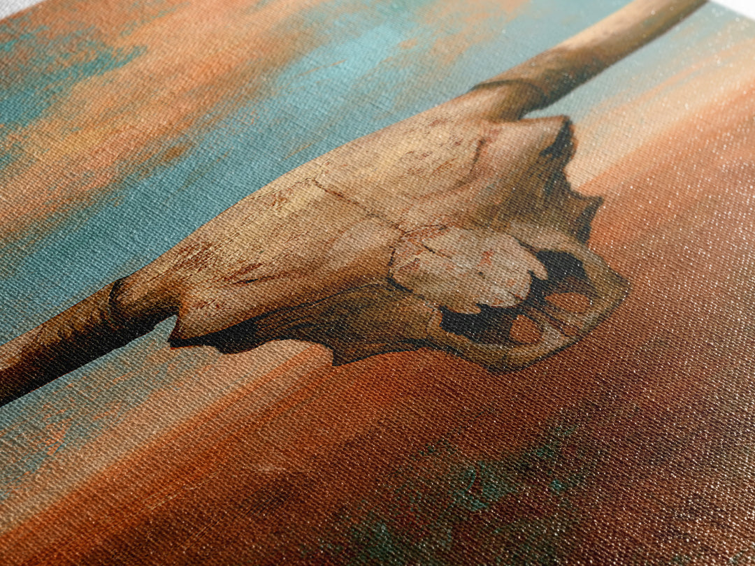 Sun Bleached Longhorn Skull Still Life Framed Canvas Print, Southwestern Art, Wall Art, Southwestern Decor, Oil Painting, Mesa, SOU-1x3-69