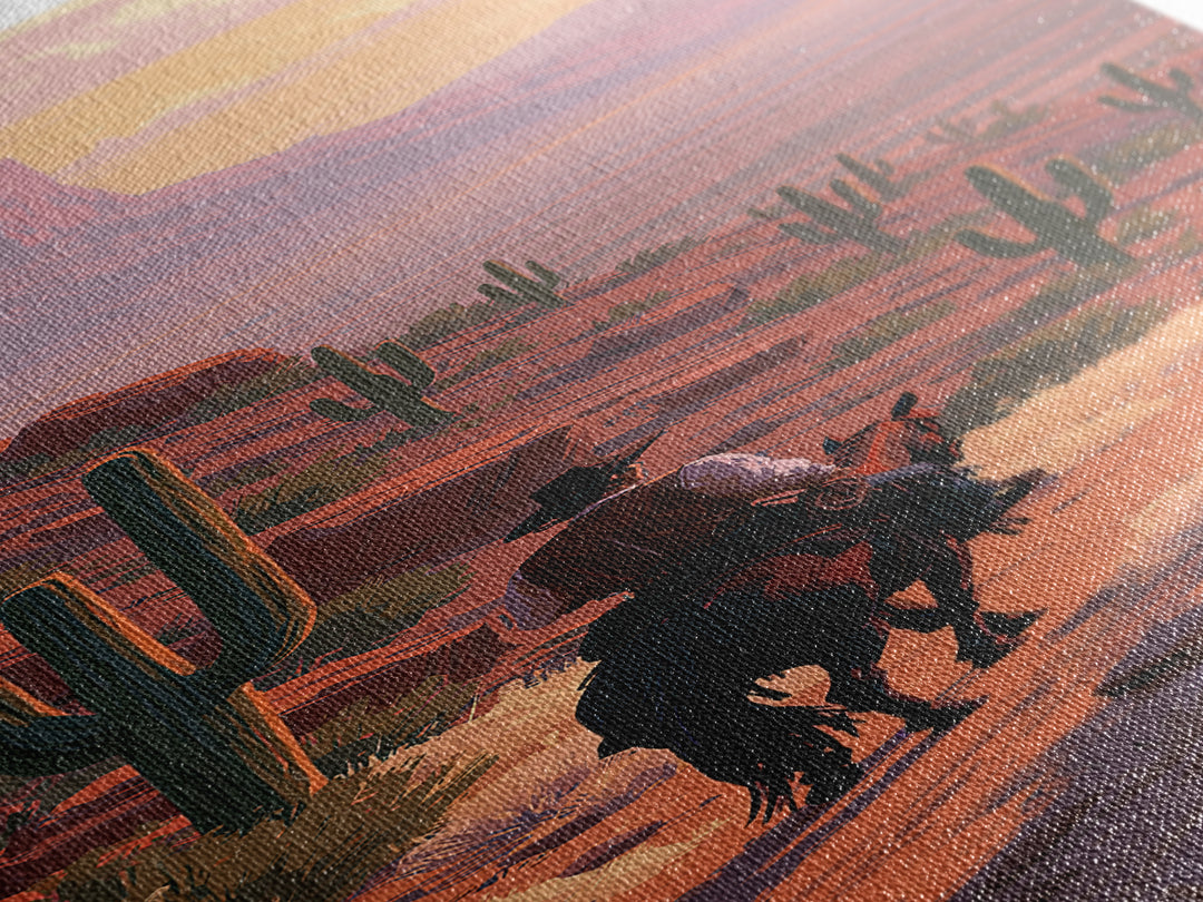 Horse Rider Crossing Desert at Dusk Canvas Print, Southwestern Art, Original Art, Southwestern Decor, Fine Art, Mesa, SOU-1x3-7