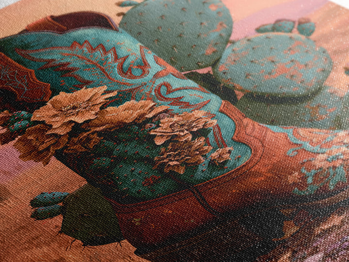 Western Boot with Cactus Blossoms Framed Canvas Print, Southwestern Art, Digital Wall Art, Southwestern Decor, Fine Art, Mesa, SOU-2x3-25