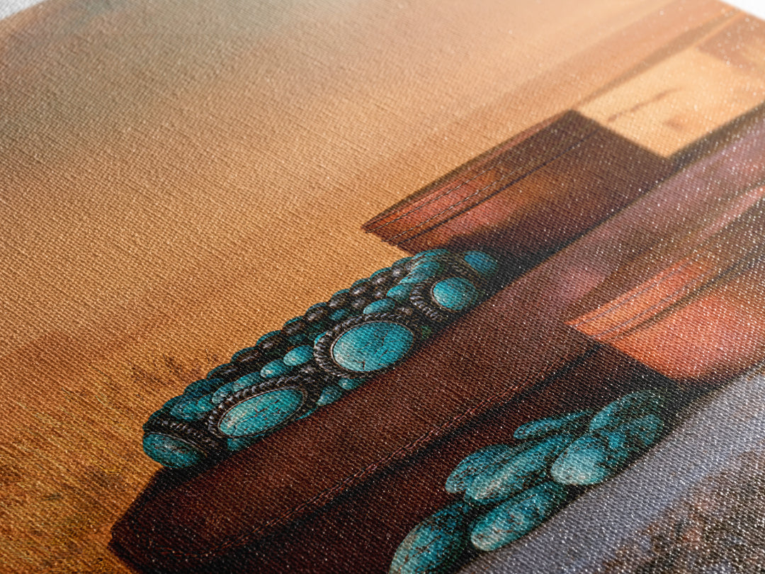 Turquoise Jewelry and Leather Still Life Framed Canvas Print, Southwestern Art, Prints Wall Art, Southwestern Decor, Mesa, SOU-2x3-43
