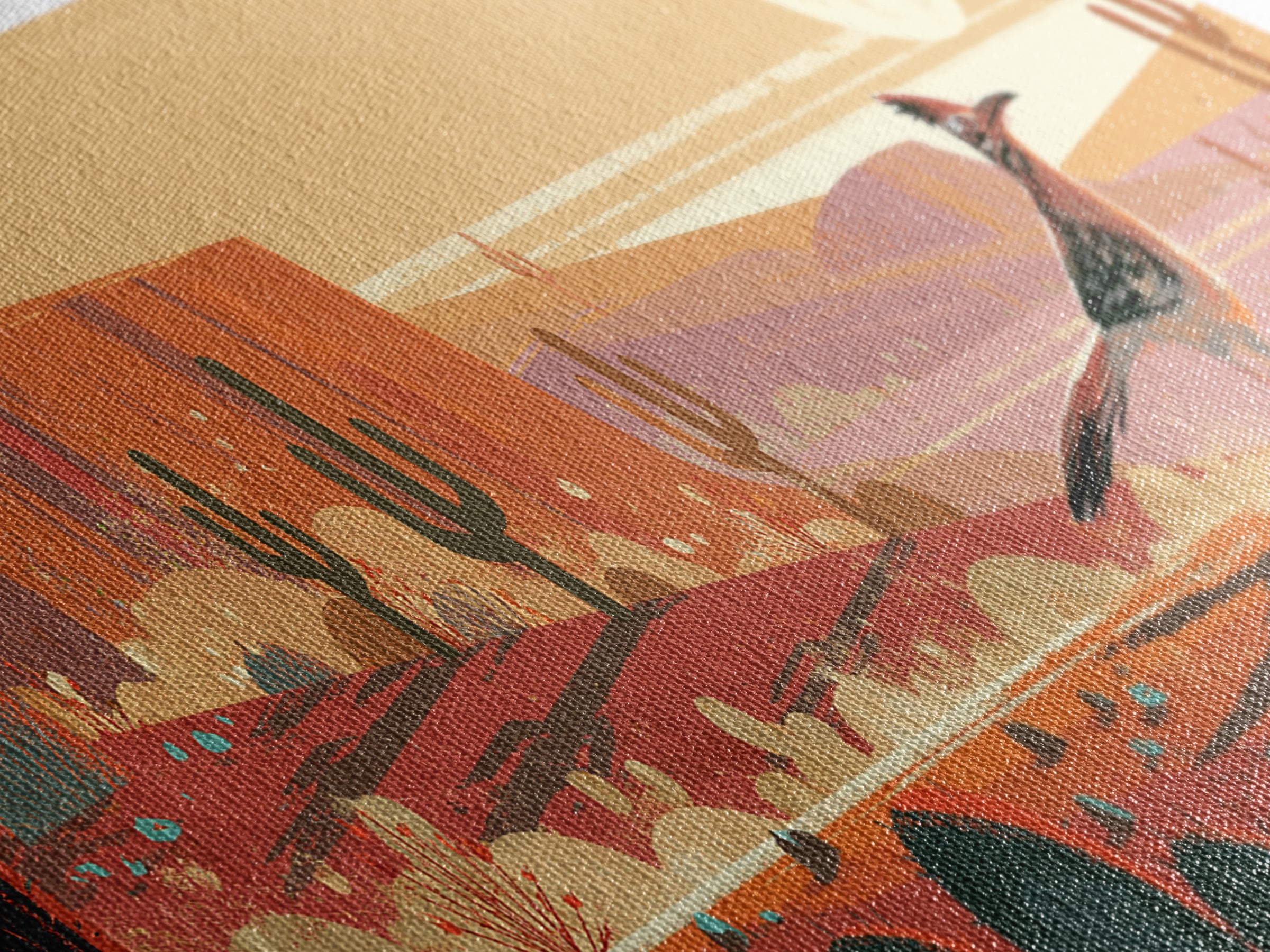 Roadrunner under a Pale Desert Moon Canvas Print, Southwestern Art, Textured Painting, Southwestern Decor, Watercolor Art, Mesa, SOU-3x1-48