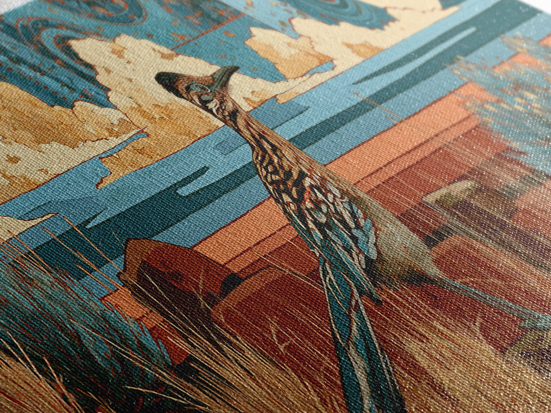 Roadrunner under a Pale Desert Moon Framed Canvas Print, Southwestern Art, Art, Southwestern Decor, Mesa, Boho Wall Decor, SOU-3x1-72