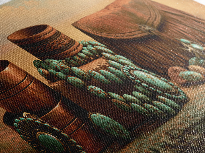 Turquoise Jewelry and Leather Still Life Framed Canvas Print, Southwestern Art, Digital Wall Art, Southwestern Decor, Mesa, SOU-3x1-99