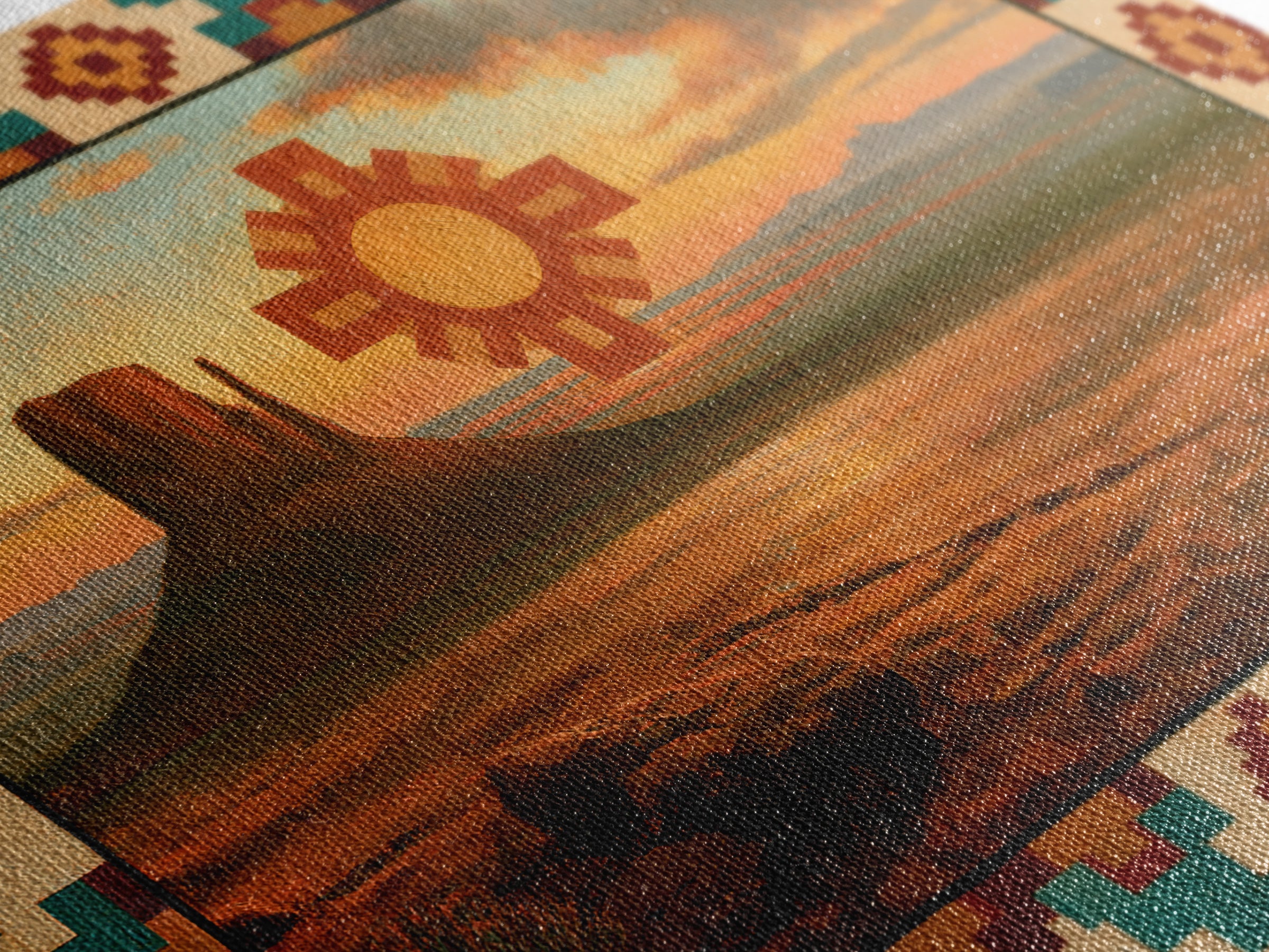 Sun Symbol with Geometric Southwest Border Framed Canvas Print, Southwestern Art, Western Home Decor, Southwestern Decor, Mesa, SOU-3x2-25