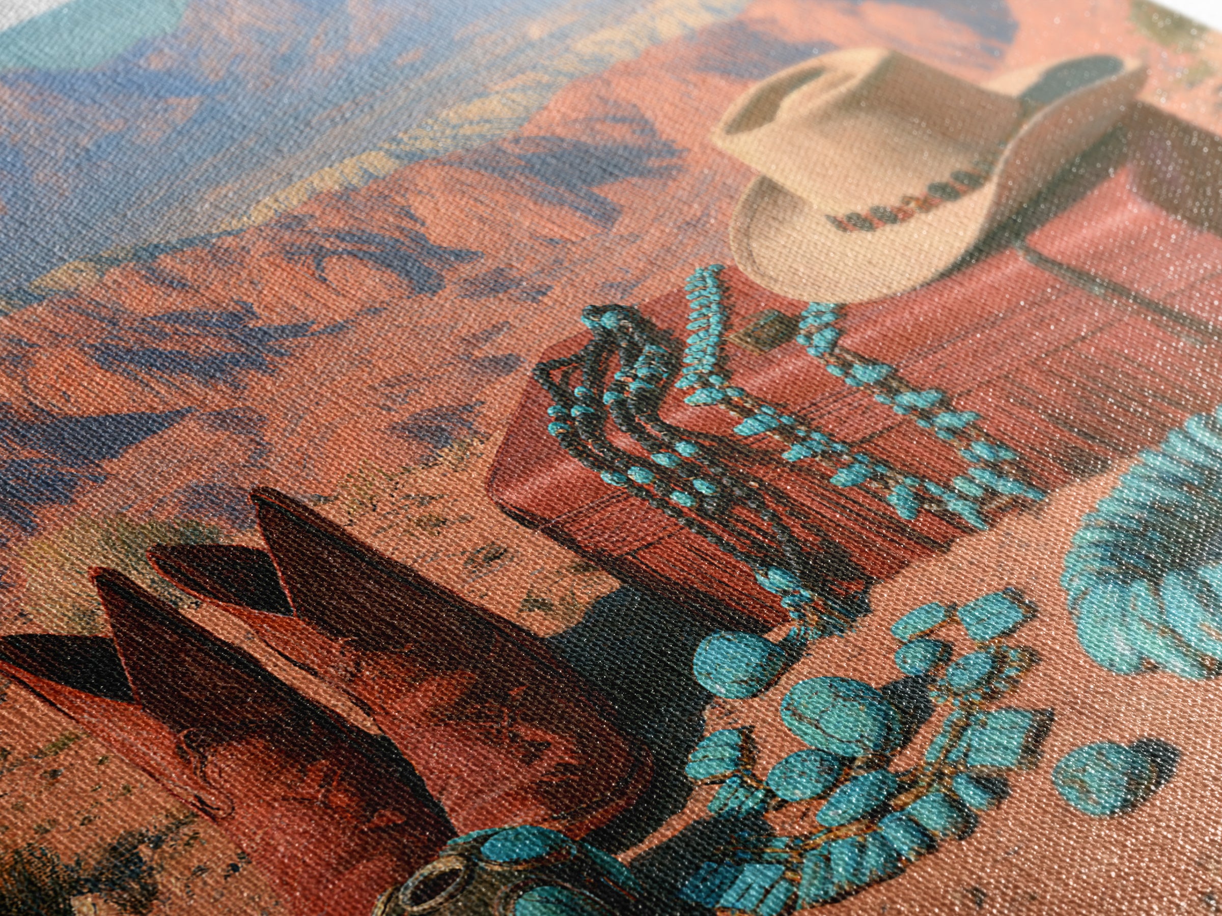 Turquoise Jewelry and Leather Still Life Framed Canvas Print, Southwestern Art, Landscape Art, Southwestern Decor, Mesa, SOU-3x2-63