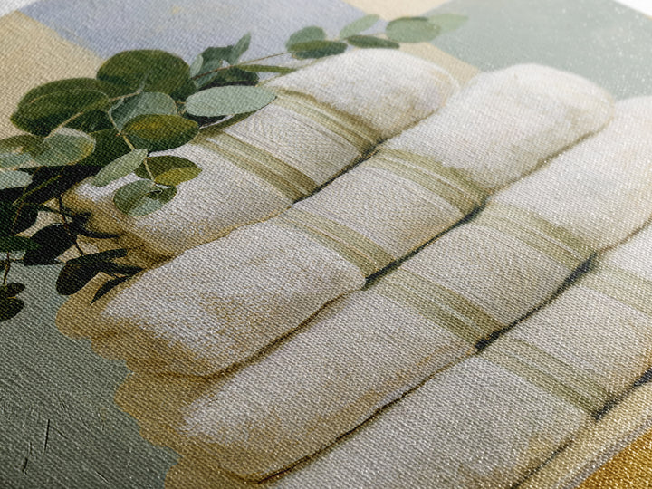 White Towels and Eucalyptus Without Room Context Framed Canvas Print, Spa Art, City Art, Spa Decor, Watercolor Art, Serenity, SPA-1x1-24