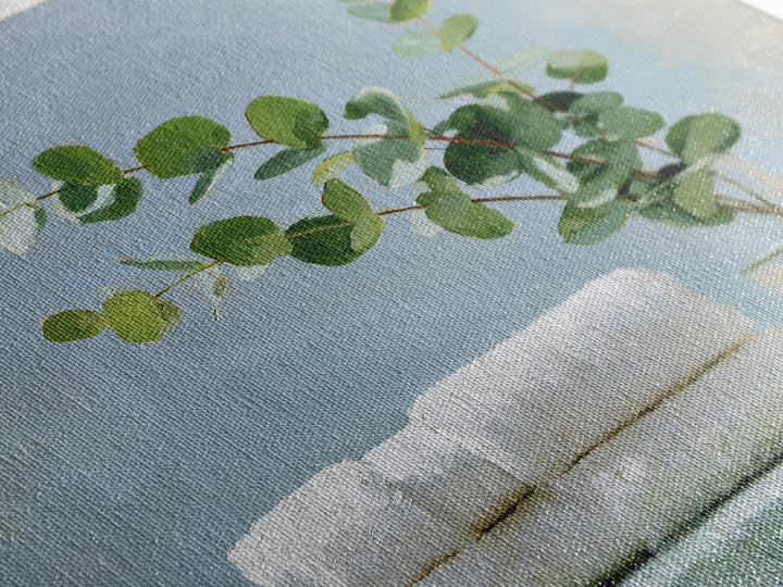 White Towels and Eucalyptus Without Room Context Framed Canvas Print, Spa Art, Wall Decor, Spa Decor, Fine Art, Serenity, SPA-1x1-48
