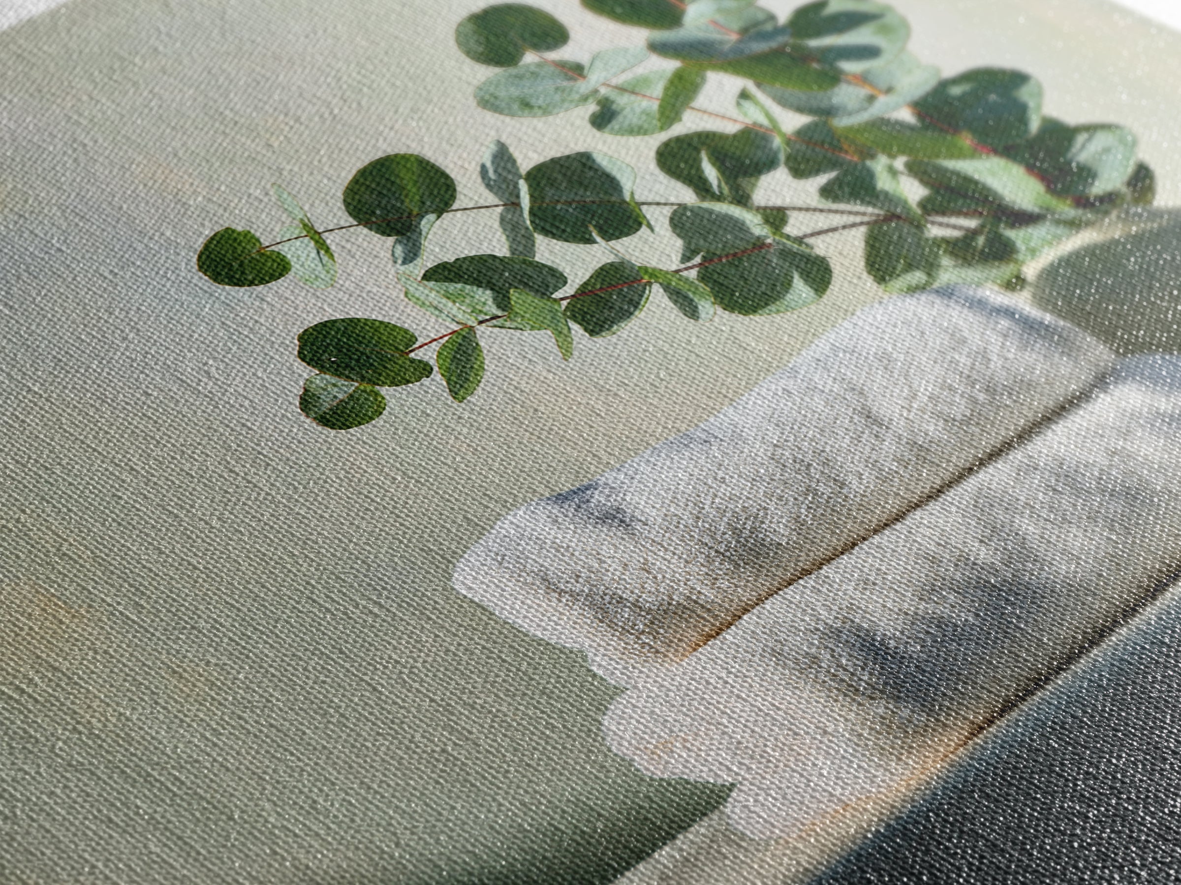 White Towels and Eucalyptus Without Room Context Framed Canvas Print, Spa Art, Wall Art Print, Spa Decor, Fine Art, Serenity, SPA-1x1-96