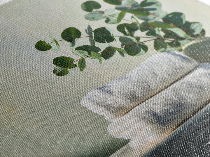 White Towels and Eucalyptus Without Room Context Framed Canvas Print, Spa Art, Wall Art Print, Spa Decor, Fine Art, Serenity, SPA-1x1-96