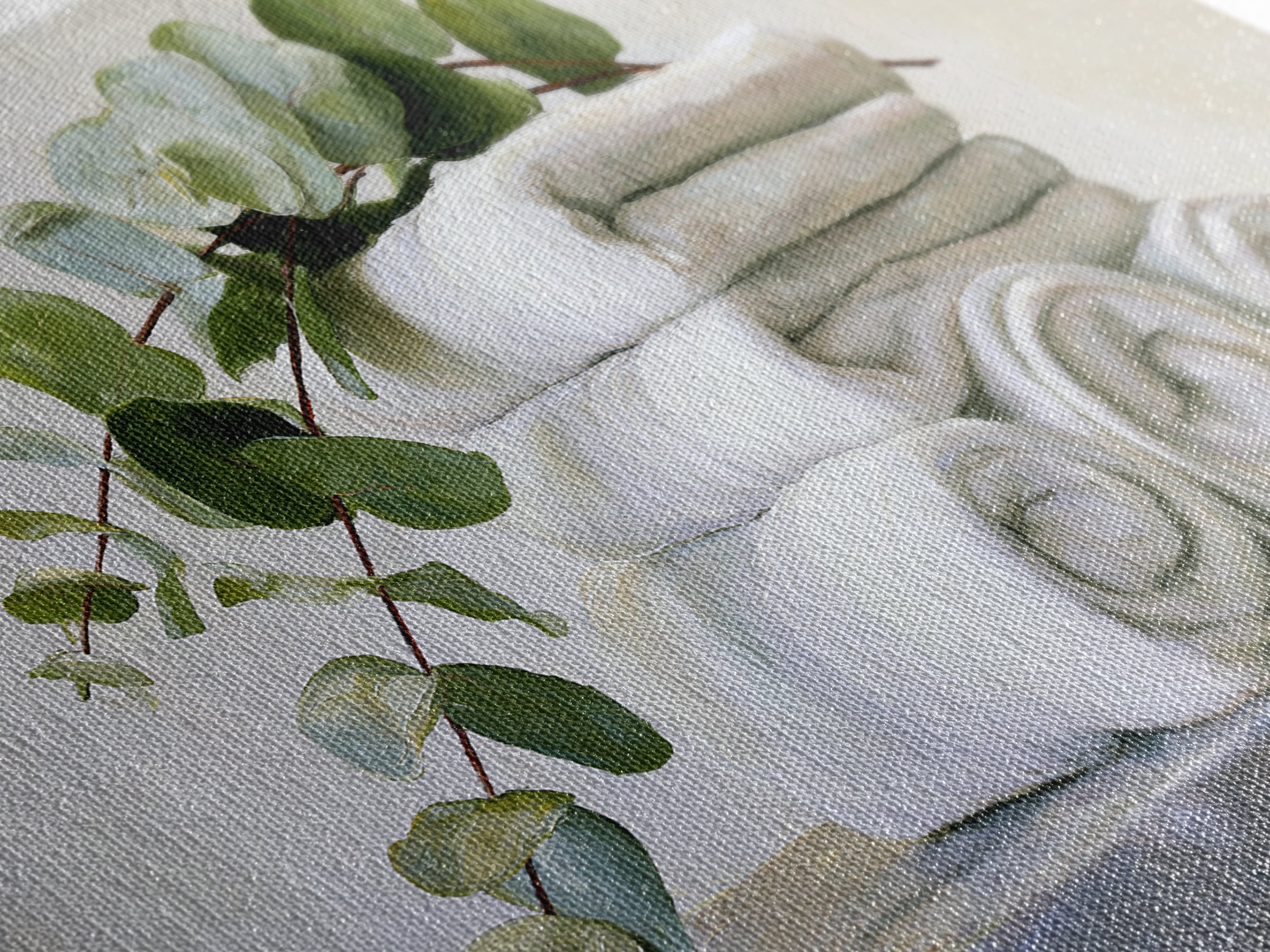 White Towels and Eucalyptus Without Room Context Framed Canvas Print, Spa Art, Statement Artwork, Spa Decor, Fine Art, Serenity, SPA-2x1-20
