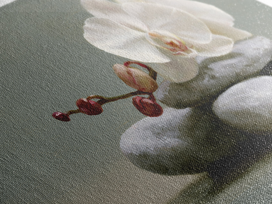 White Orchid on Smooth Gray Stone Framed Canvas Print, Spa Art, Art, Spa Decor, Serenity, Abstract Print, Minimalist Art, SPA-2x1-46